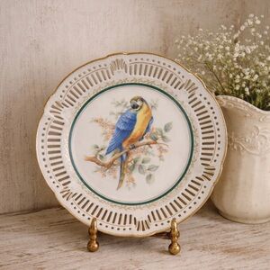 Vintage Bavaria Reticulated Porcelain Macaw Plate. Gold Gilt